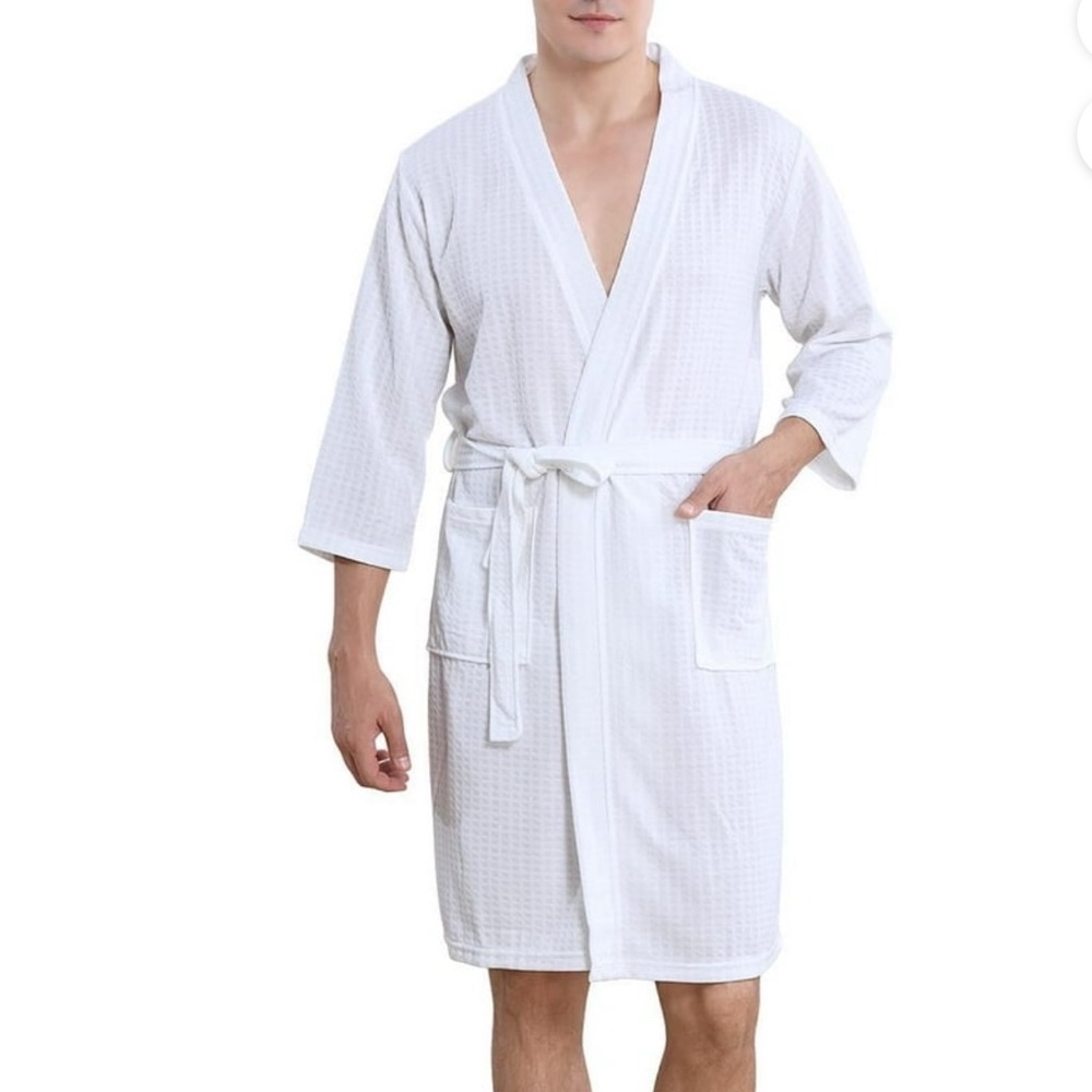 PUTUO Mens Lightweight Soft Spa Robe with Pockets, White